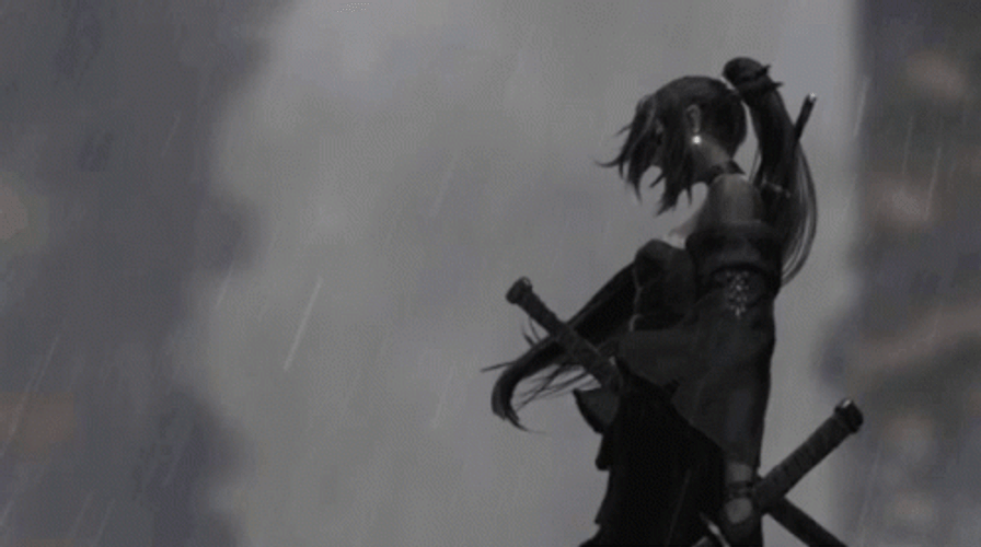 Samurai Man Standing In Rain GIF
