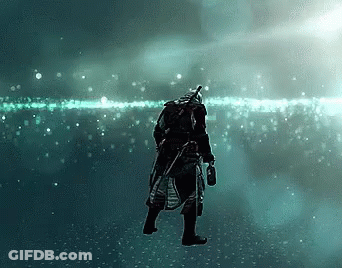 Samurai Man Standing In Water Holding Sword GIF