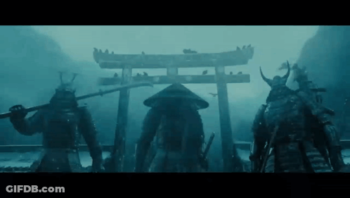 Samurai Standing In Front Of Gate In Fog GIF