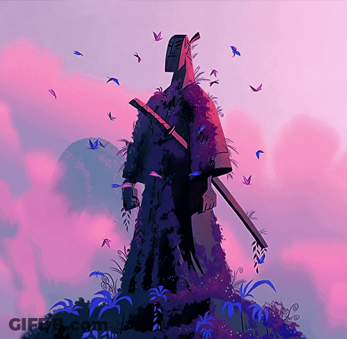 Samurai Statue With Sword And Flowers GIF