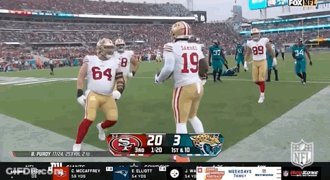 San Francisco 49Ers Player Number 19 Celebrates With Another Player GIF