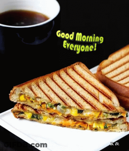 Sandwich On Plate With Coffee Saying Good Morning Everyone GIF