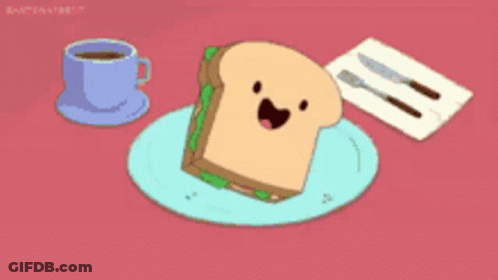 Sandwich With Face Next To Coffee And Cutlery GIF