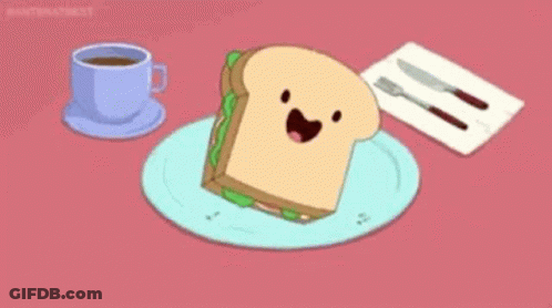 Sandwich With Face Next To Coffee And Knife Fork GIF