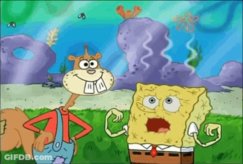 Sandy Cheeks And Spongebob Squarepants Are Standing Next To Each Other In A Cartoon . GIF