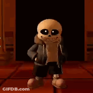 Sans From Undertale Is Standing On A Tiled Floor In A Dark Room And Smiling . GIF