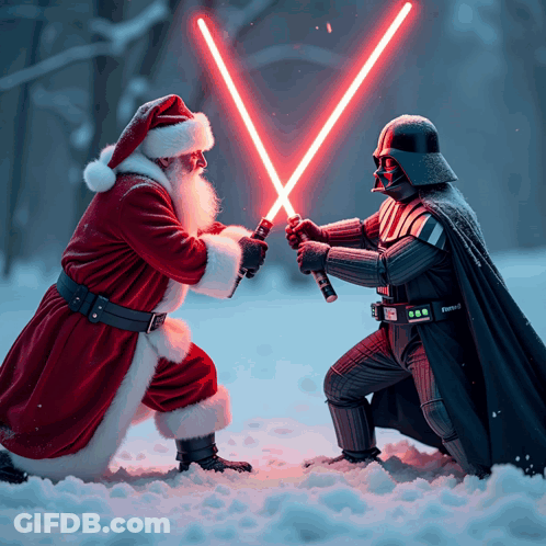 Santa And Darth Vader Holding Lightsabers GIF