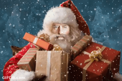 Santa Claus Holding Pile Of Gifts In Snow GIF