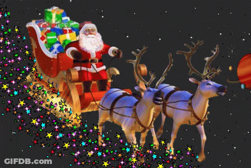 Santa Claus In A Sleigh Pulled By Reindeer With Gifts GIF