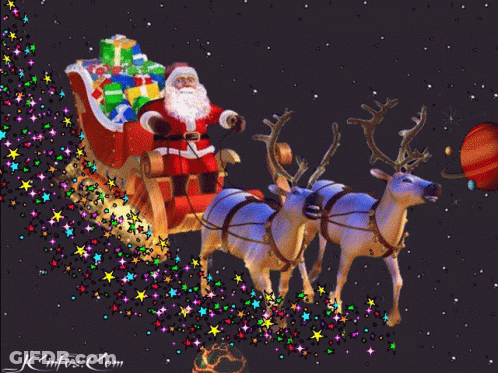 Santa Claus In Sleigh Pulled By Reindeer With Jcinfo.com GIF