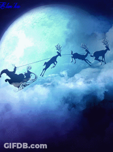 Santa Claus Is Being Pulled By Reindeer In A Sleigh In The Sky GIF