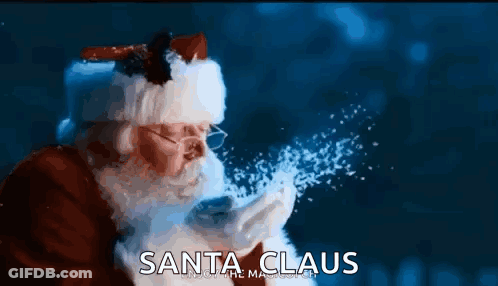 Santa Claus Is Blowing Snow In The Air With The Words Santa Claus Written Above Him GIF