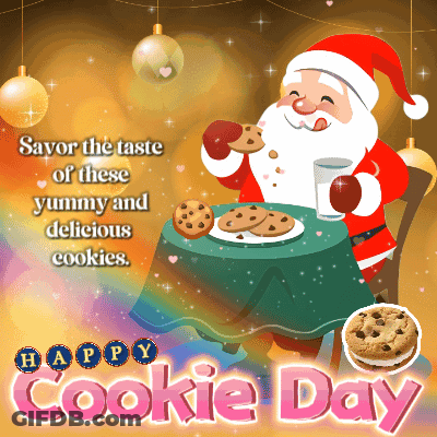 Santa Claus Is Sitting At A Table Eating Cookies GIF