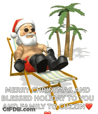 Santa Claus Is Sitting In A Beach Chair With A Palm Tree In The Background . GIF