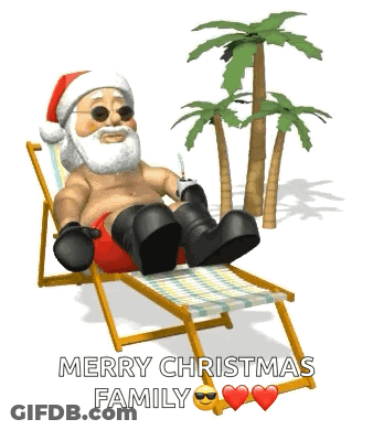 Santa Claus Is Sitting In A Beach Chair With A Palm Tree In The Background And Says Merry Christmas Family GIF