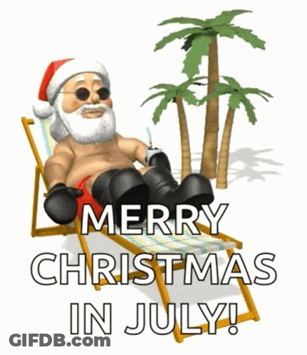 Santa Claus Is Sitting In A Beach Chair With The Words Merry Christmas In July Below Him GIF