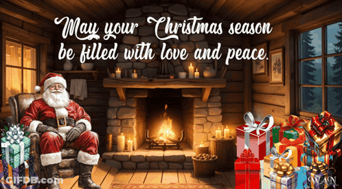 Santa Claus Sits In Front Of A Fireplace Surrounded By Presents With A Christmas Wish GIF