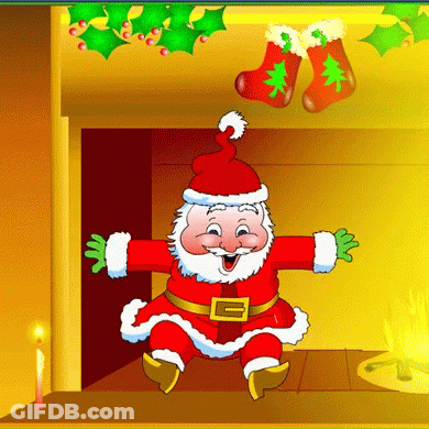 Santa Claus Sitting By Fireplace With Stockings GIF