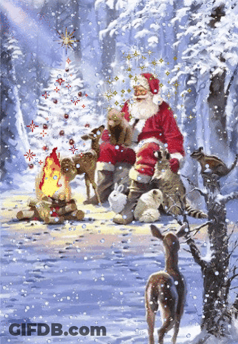 Santa Claus Sitting In Snow With Animals GIF