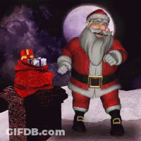 Santa Claus Standing Next To Chimney With Bag Of Gifts GIF