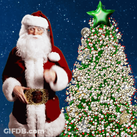 Santa Claus Standing Next To Christmas Tree GIF