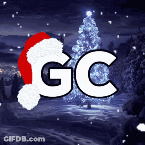 Santa Hat With GC Lettering In Front Of Snowy Christmas Tree GIF