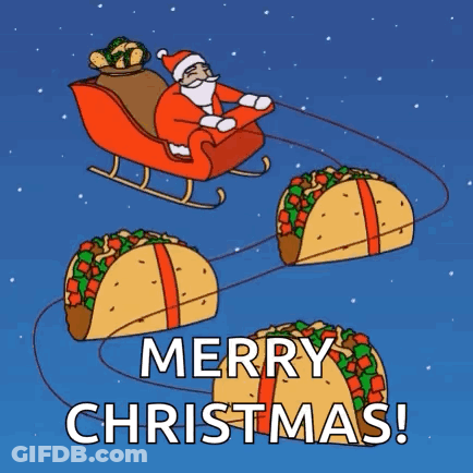 Santa In Sleigh Pulled By Tacos Saying Merry Christmas GIF