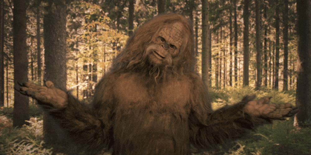 Sasquatch Shaking Head Open Arms GIF