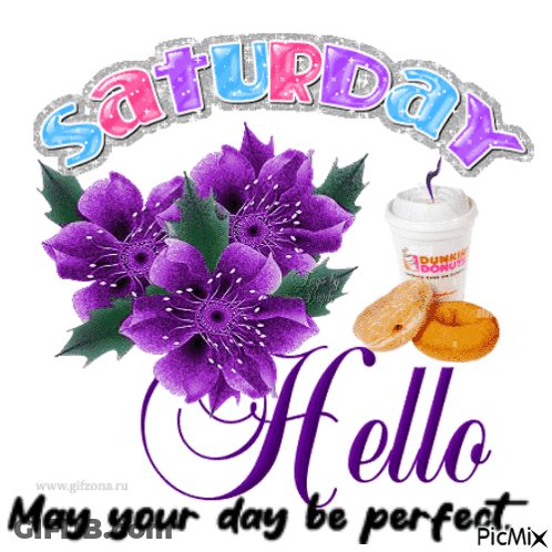 Saturday Hello May Your Day Be Perfect With Purple Flowers And Donuts GIF
