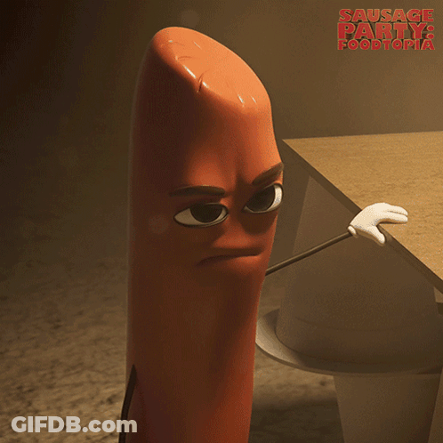 Sausage From Sausage Party Foodtopia Standing In Front Of Toilet GIF