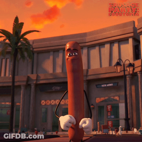 Sausage Party Poster Hot Dog In Front Of Building GIF