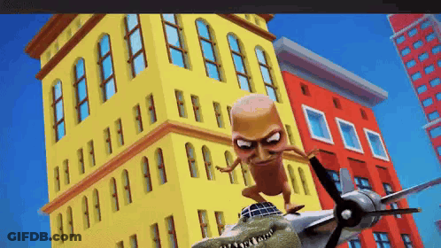 Sausage Standing Next To Plane At Yellow Building GIF