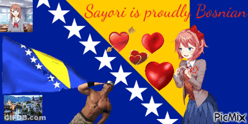 Sayori Is Proudly Bosnia Written On A Blue And Yellow Flag GIF