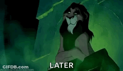 Scar From The Lion King Is Smiling And Looking At The Camera With The Words `` Later '' Written On His Face . GIF