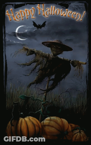 Scarecrow And Pumpkins Saying Happy Halloween GIF