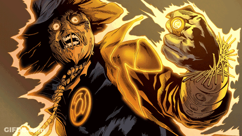 Scarecrow Holding Yellow Lightning Bolt GIF