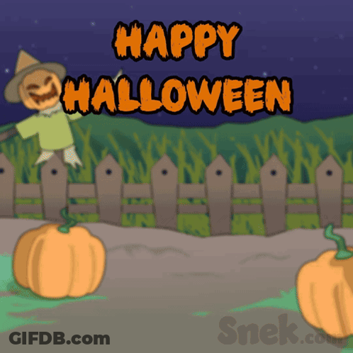 Scarecrow In Front Of Fence With Pumpkins Happy Halloween GIF