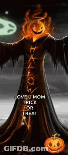 Scarecrow With Pumpkin Head Saying Love U Mom Trick Or Treat GIF