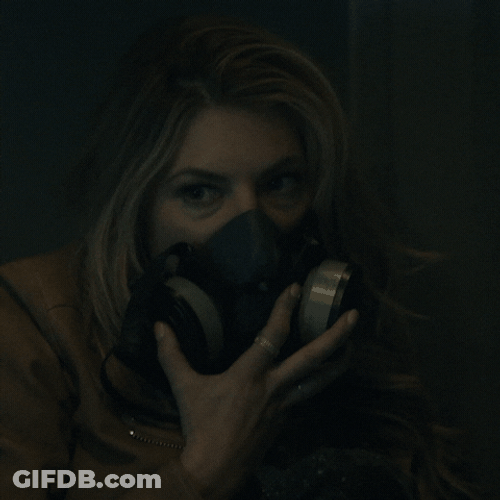 Scared Katheryn Winnick Wearing Gas Mask GIF