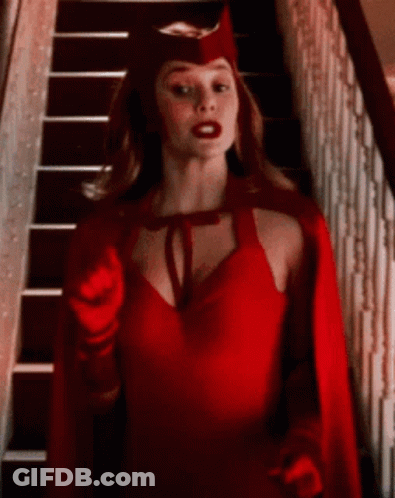 Scarlet Witch Woman Pointing At Camera On Stairs GIF