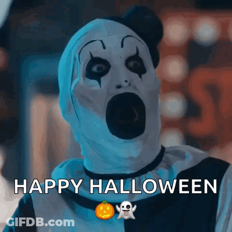 Scary Clown Saying Happy Halloween With Pumpkin And Ghost GIF