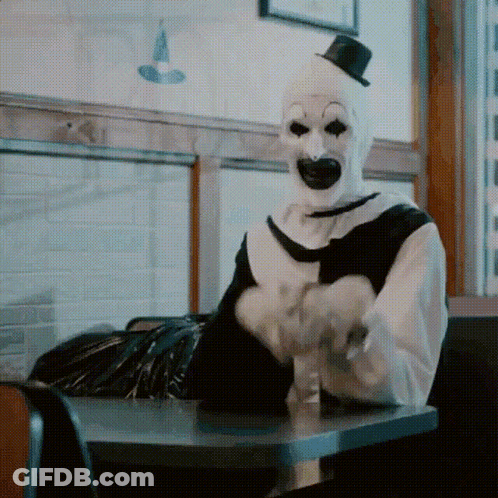 Scary Clown With Top Hat And Glasses In Store GIF