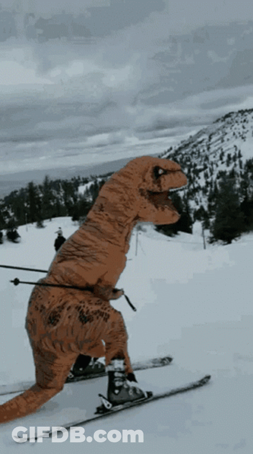 Scary Dinosaur Skiing Snow GIF