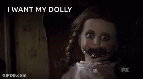 Scary Doll Sitting In Chair Saying I Want My Doll GIF
