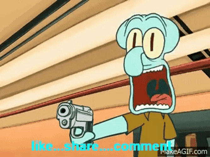 Scary Squidward Holding Gun GIF