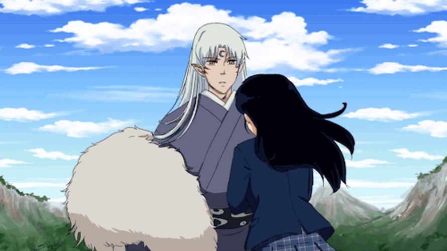 School Girl Rin Hugging Sesshomaru GIF
