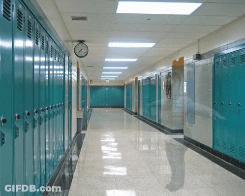 School Hallway With Blue Lockers And Clock At 4:20 GIF