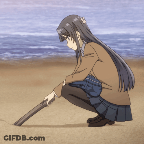 Schoolgirl Squatting On Beach Holding Stick GIF