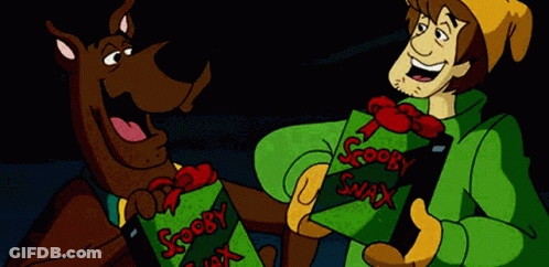Scooby Doo And Shaggy Are Holding A Box That Says Scooby Snax On It GIF