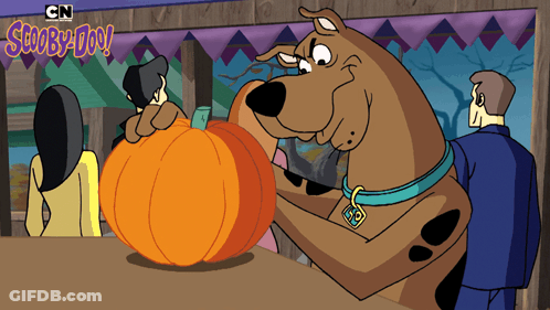 Scooby Doo From Cartoon Network Is Holding A Pumpkin In His Mouth GIF